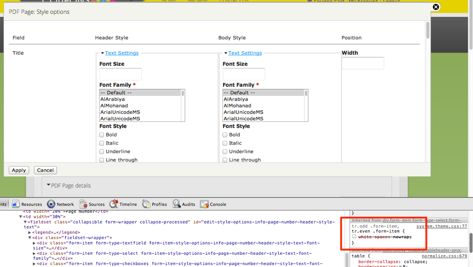 Screenshot showing Chrome Inspector/Firebug and "nowrap" disabled